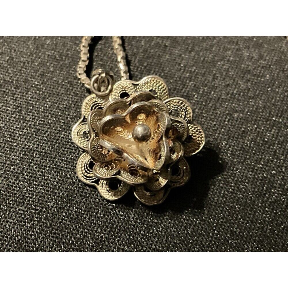 925 S-Hook 16in Box Chain Flower Filigree Pendant Vintage Necklace